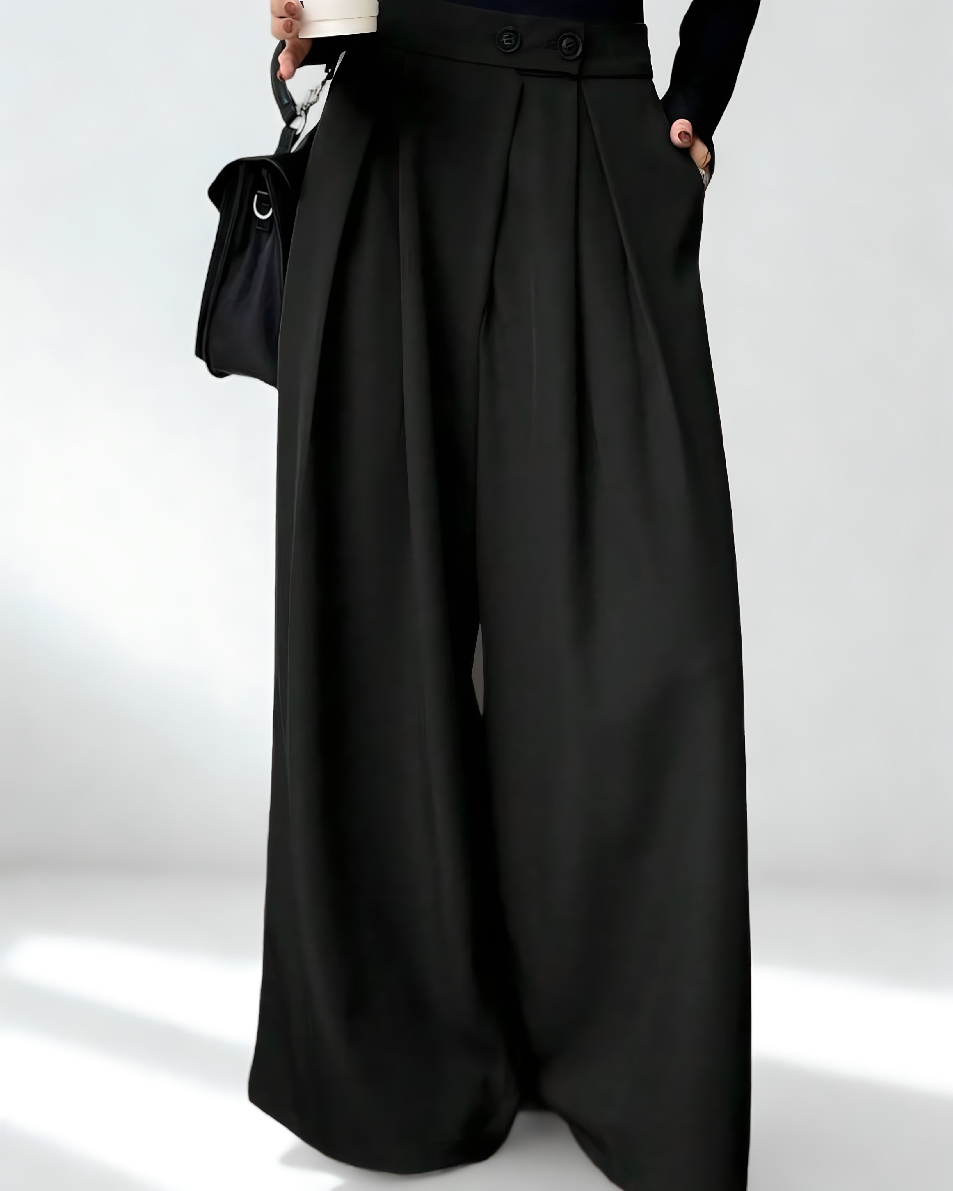 Calça Feminina Preta de Cintura Alta com Perna Larga – Estilo Y2K com Bolso Plissado