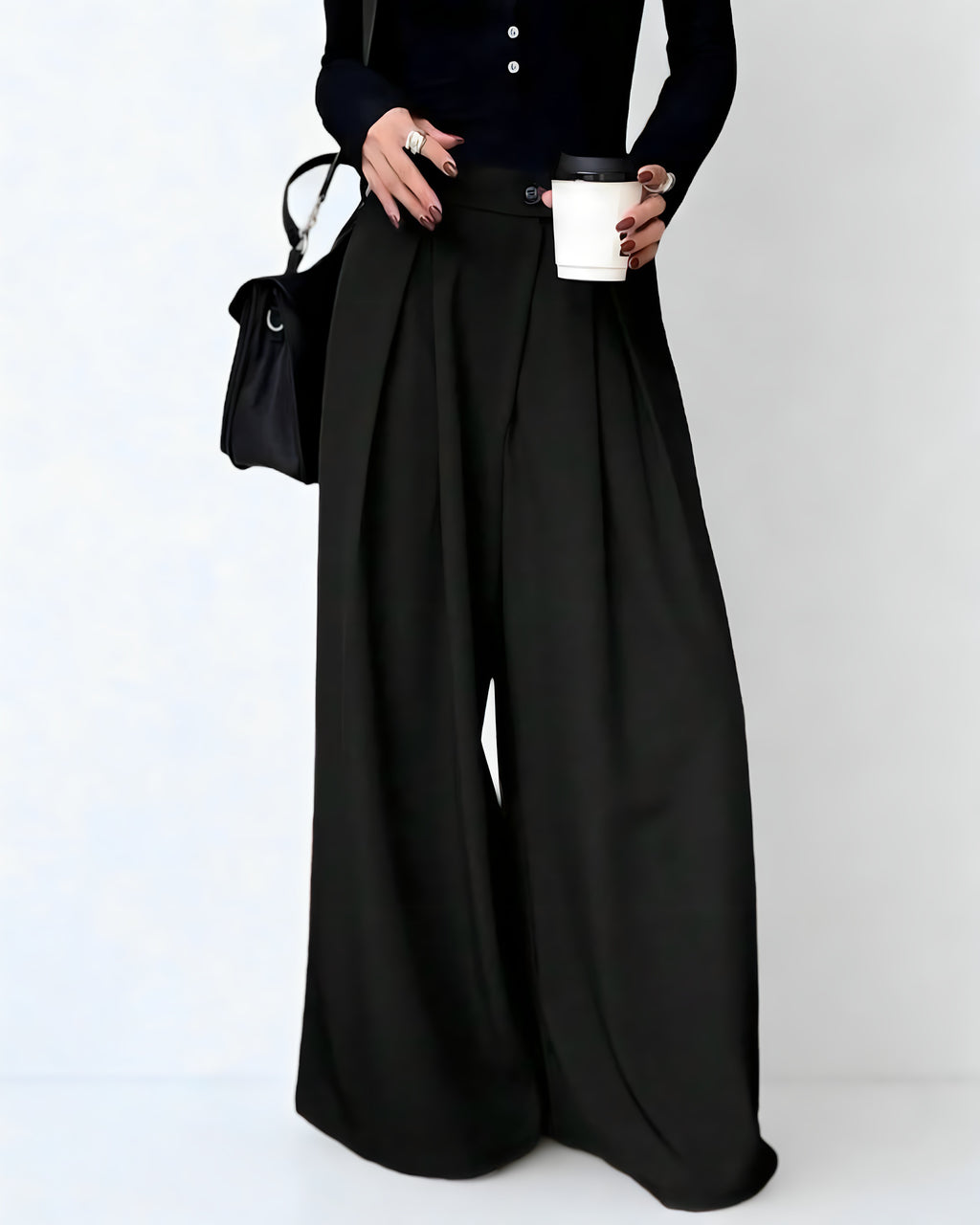 Calça Feminina Preta de Cintura Alta com Perna Larga – Estilo Y2K com Bolso Plissado