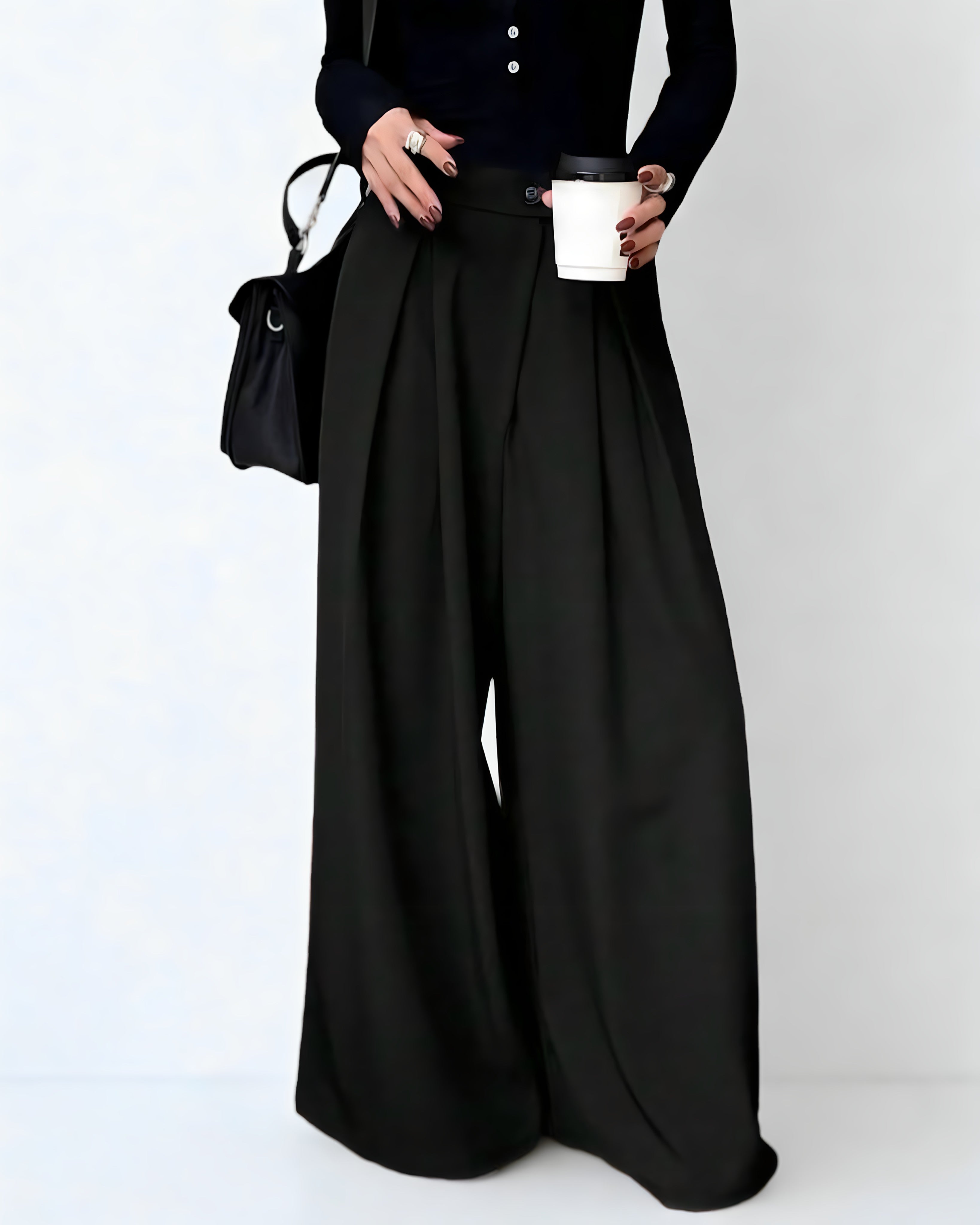 Calça Feminina Preta de Cintura Alta com Perna Larga – Estilo Y2K com Bolso Plissado