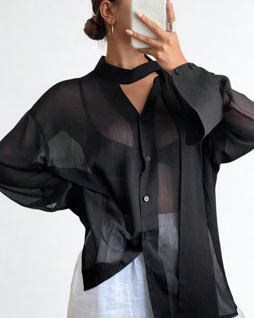 Blusa Feminina Oversized Preta em Chiffon – Transparente, Gola Alta e Manga Longa