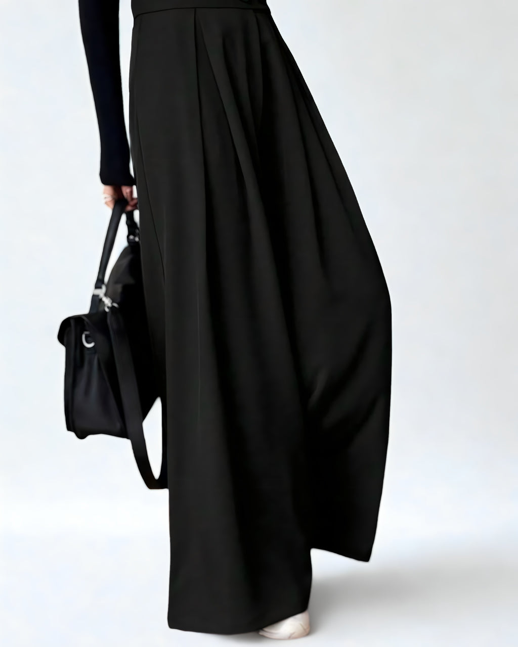 Calça Feminina Preta de Cintura Alta com Perna Larga – Estilo Y2K com Bolso Plissado