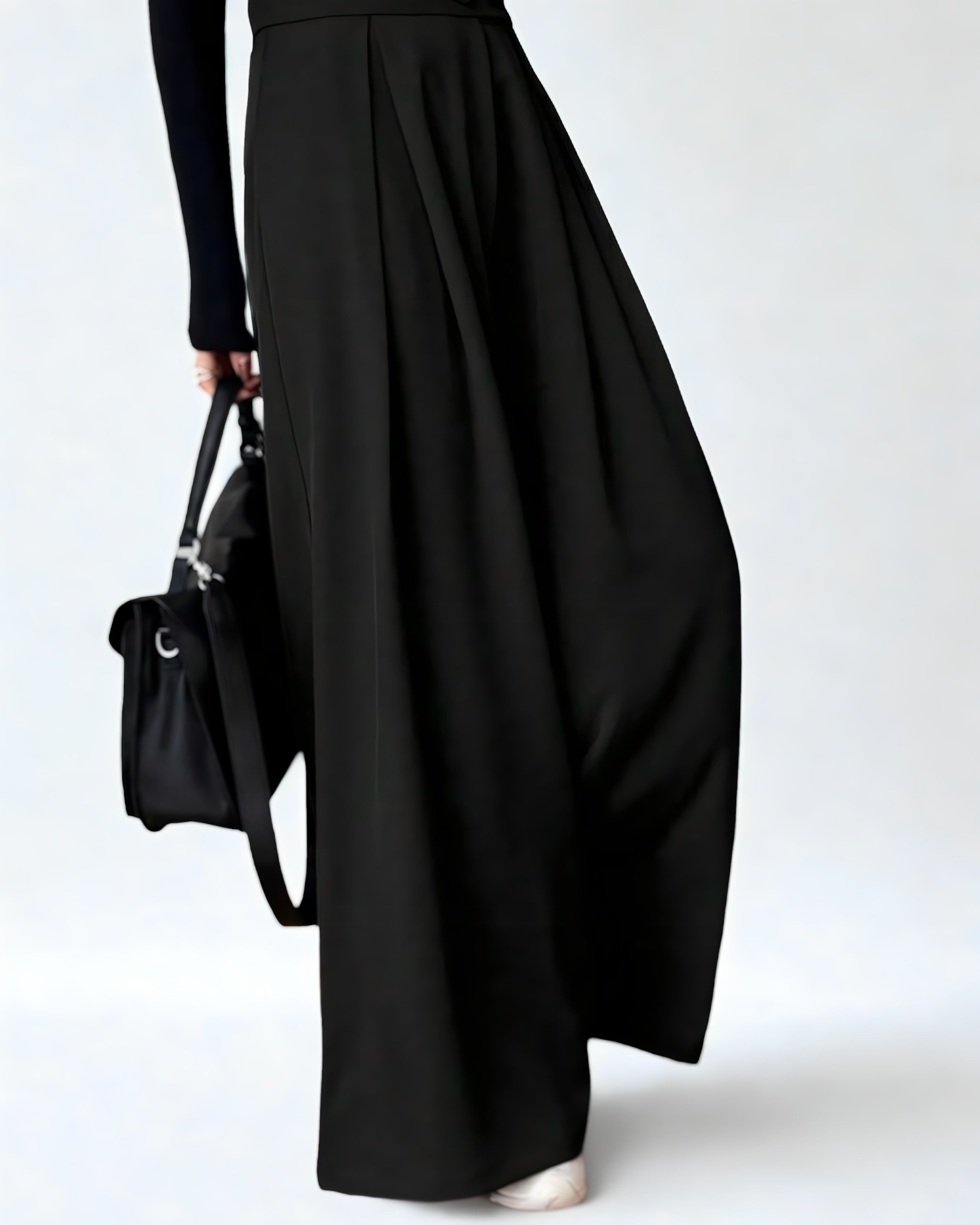 Calça Feminina Preta de Cintura Alta com Perna Larga – Estilo Y2K com Bolso Plissado