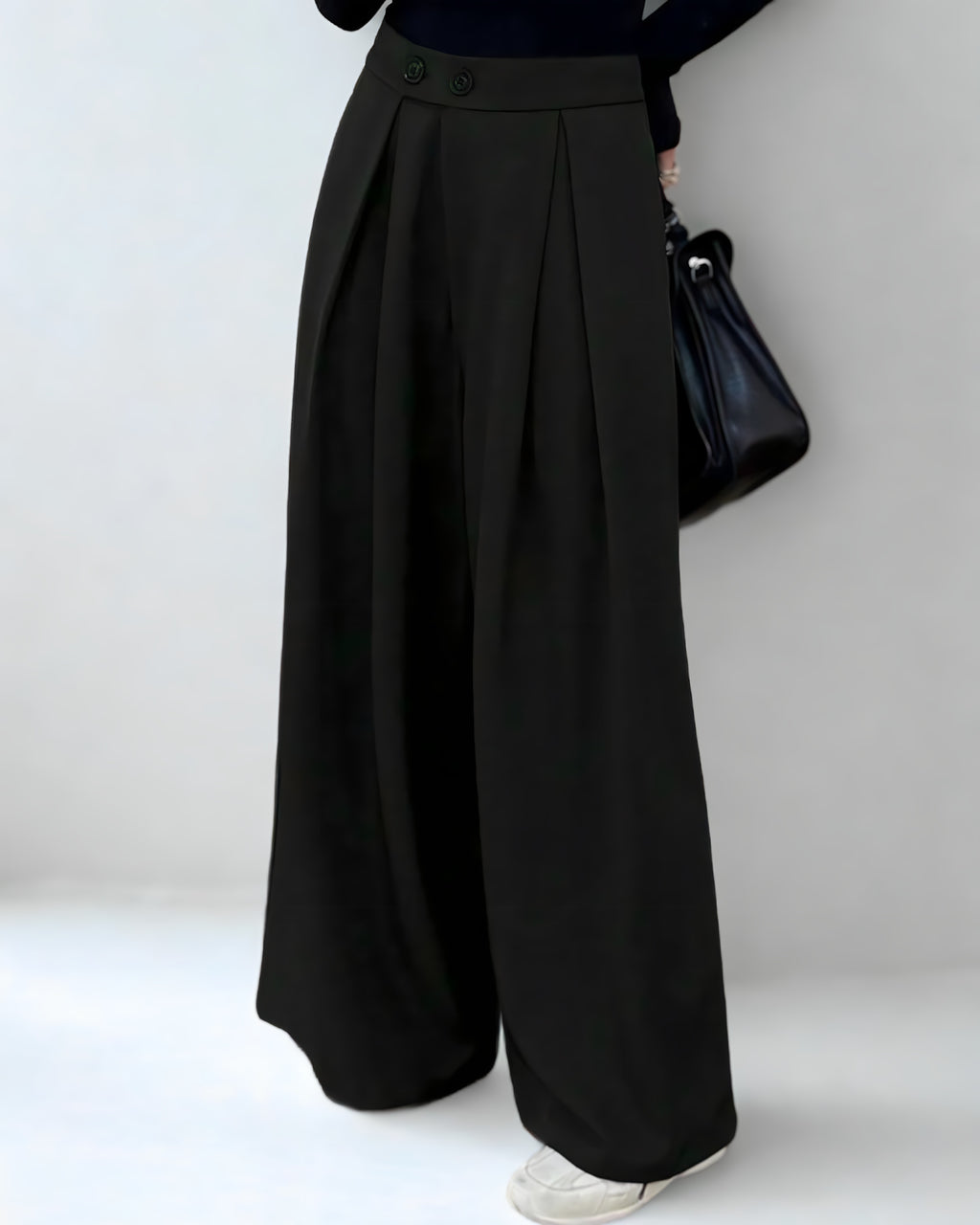 Calça Feminina Preta de Cintura Alta com Perna Larga – Estilo Y2K com Bolso Plissado