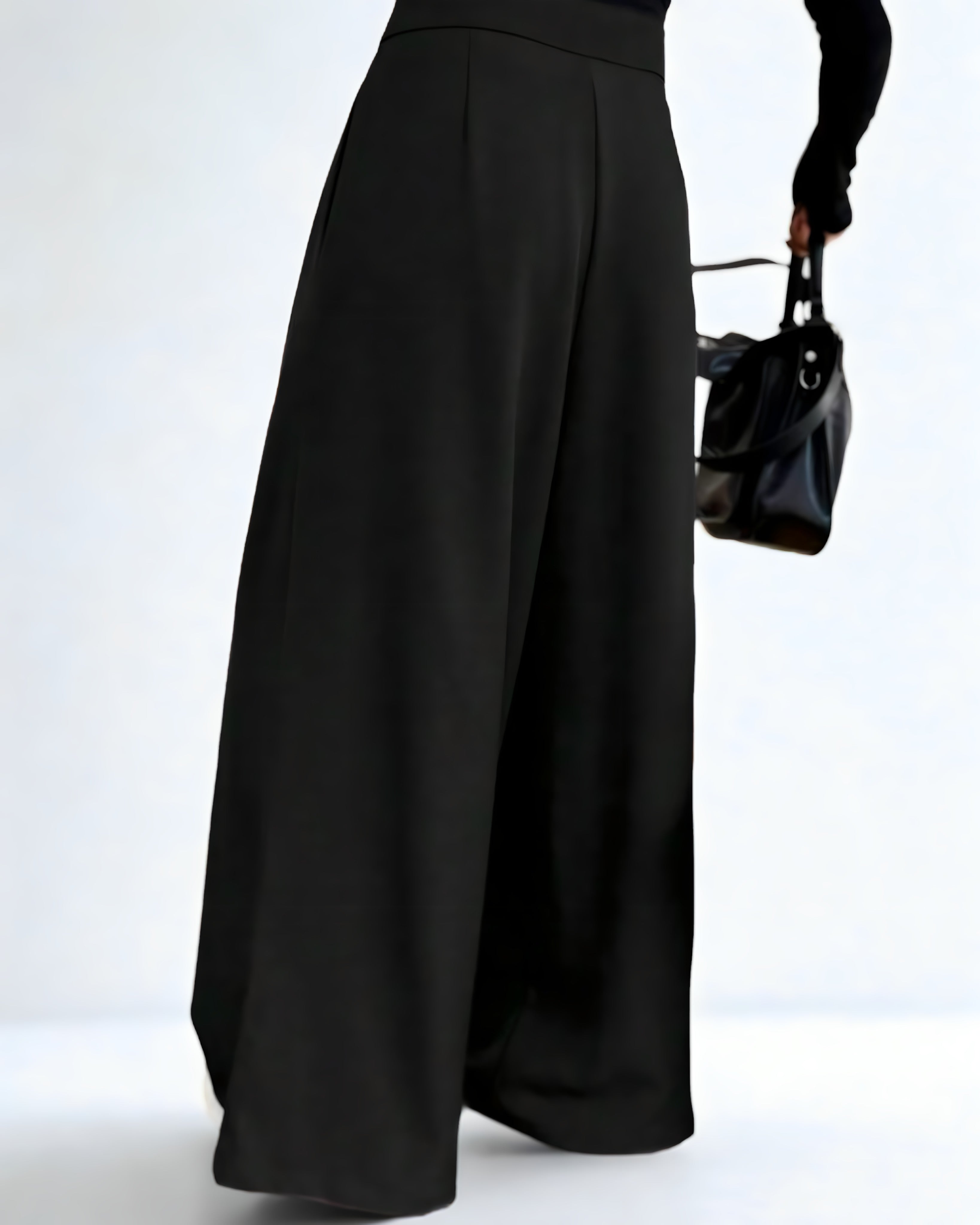 Calça Feminina Preta de Cintura Alta com Perna Larga – Estilo Y2K com Bolso Plissado