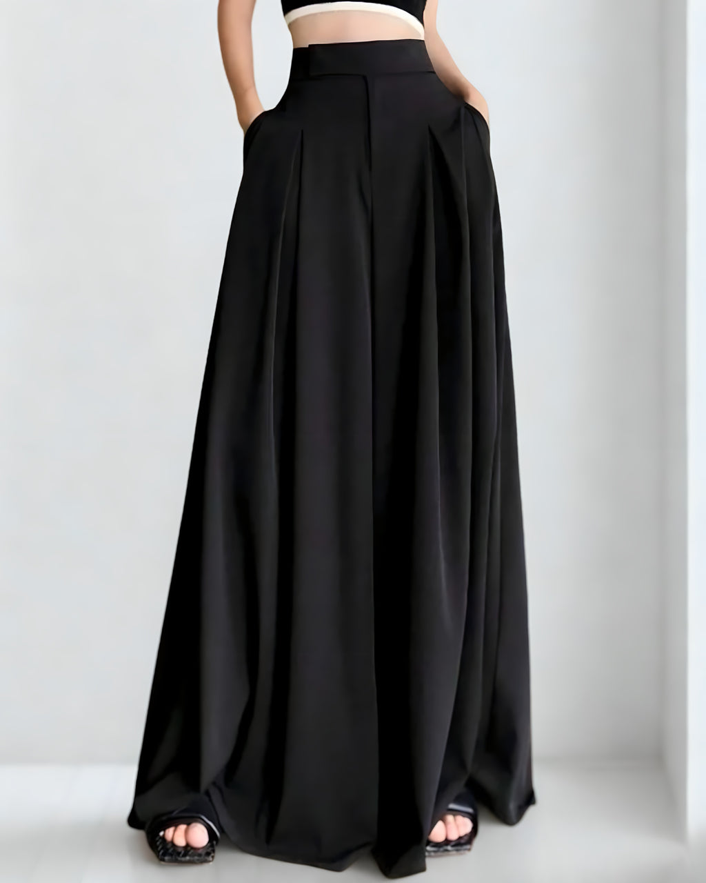 Calça Preta Larga Feminina – Cintura Alta com Pregas e Dobras