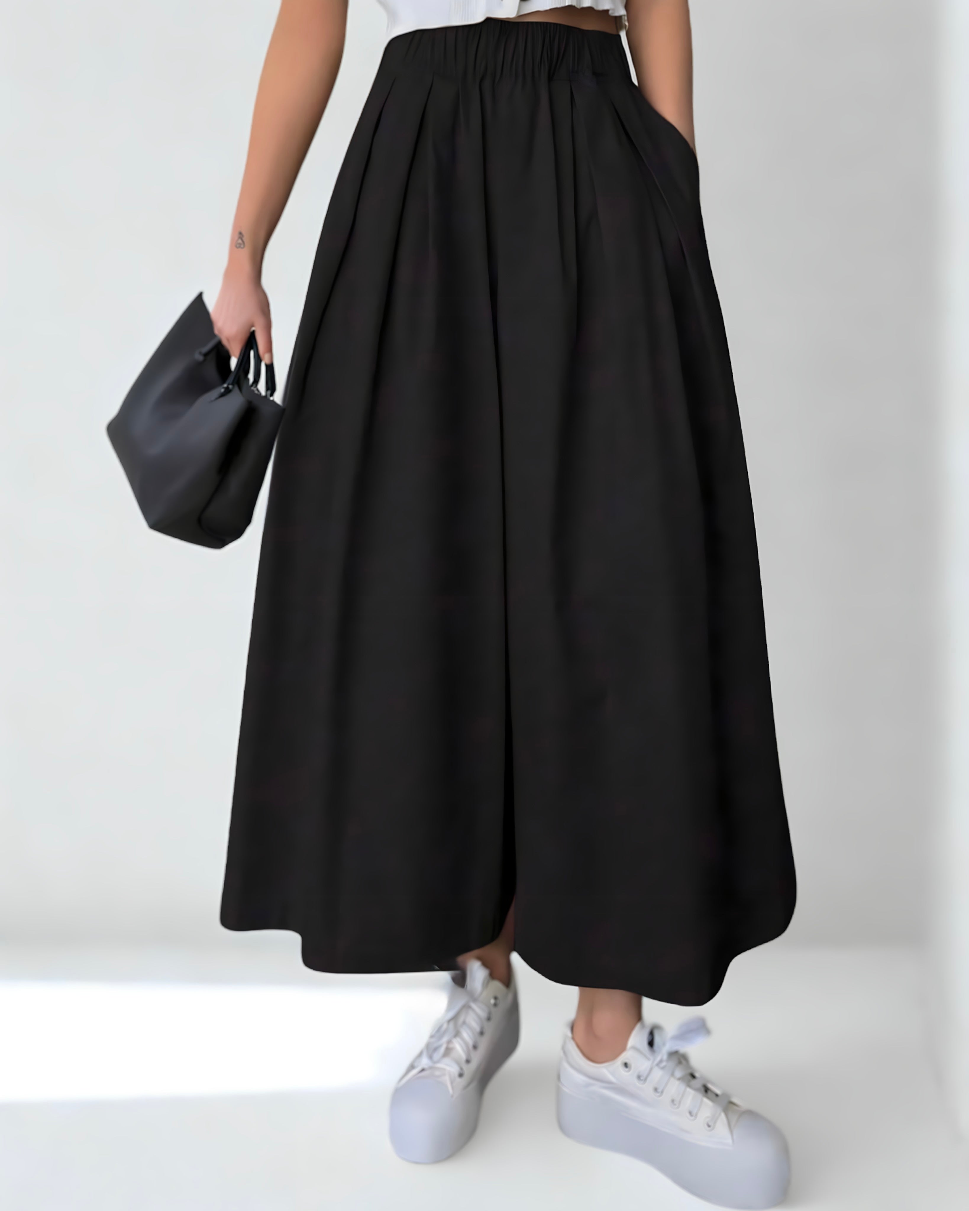 Calça Feminina Preta Wide Leg com Pregas – 100% Algodão