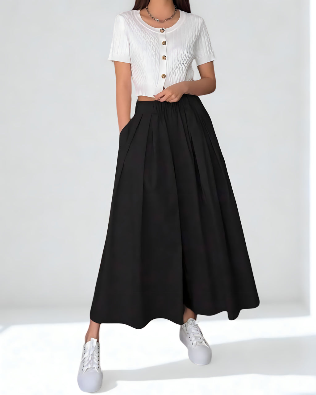 Calça Feminina Preta Wide Leg com Pregas – 100% Algodão
