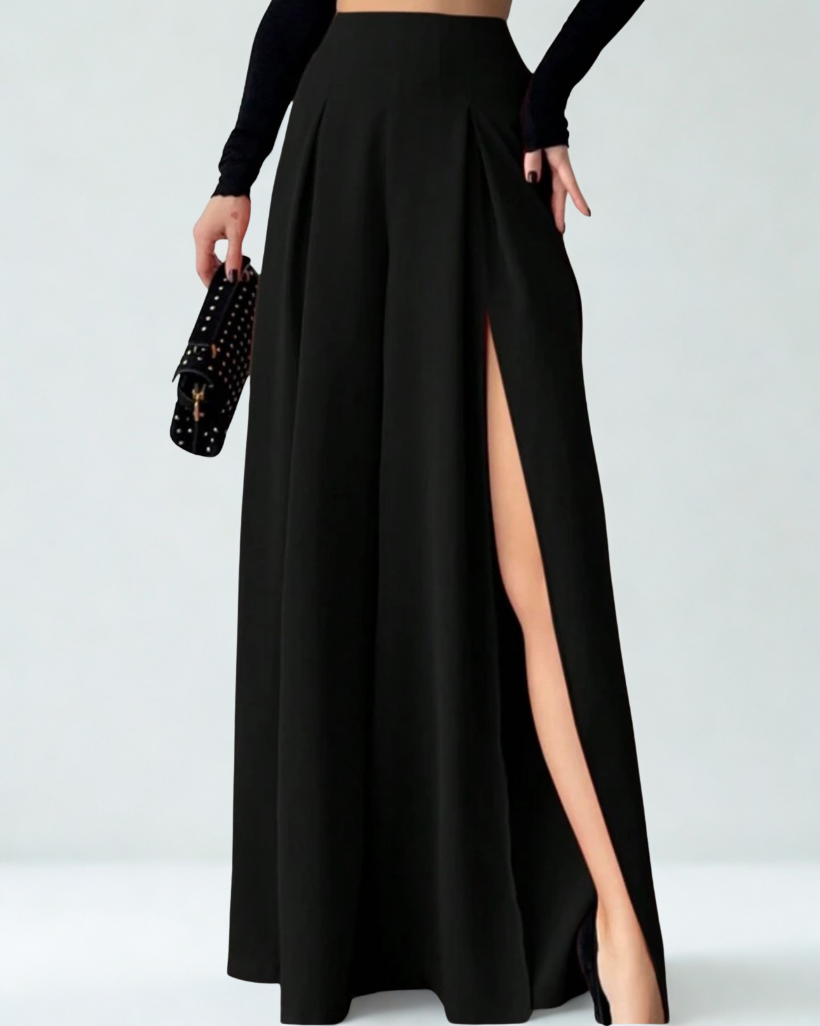 Calça Preta Feminina de Perna Larga com Fenda – Cintura Alta, Ajuste Solto e Elegância Versátil